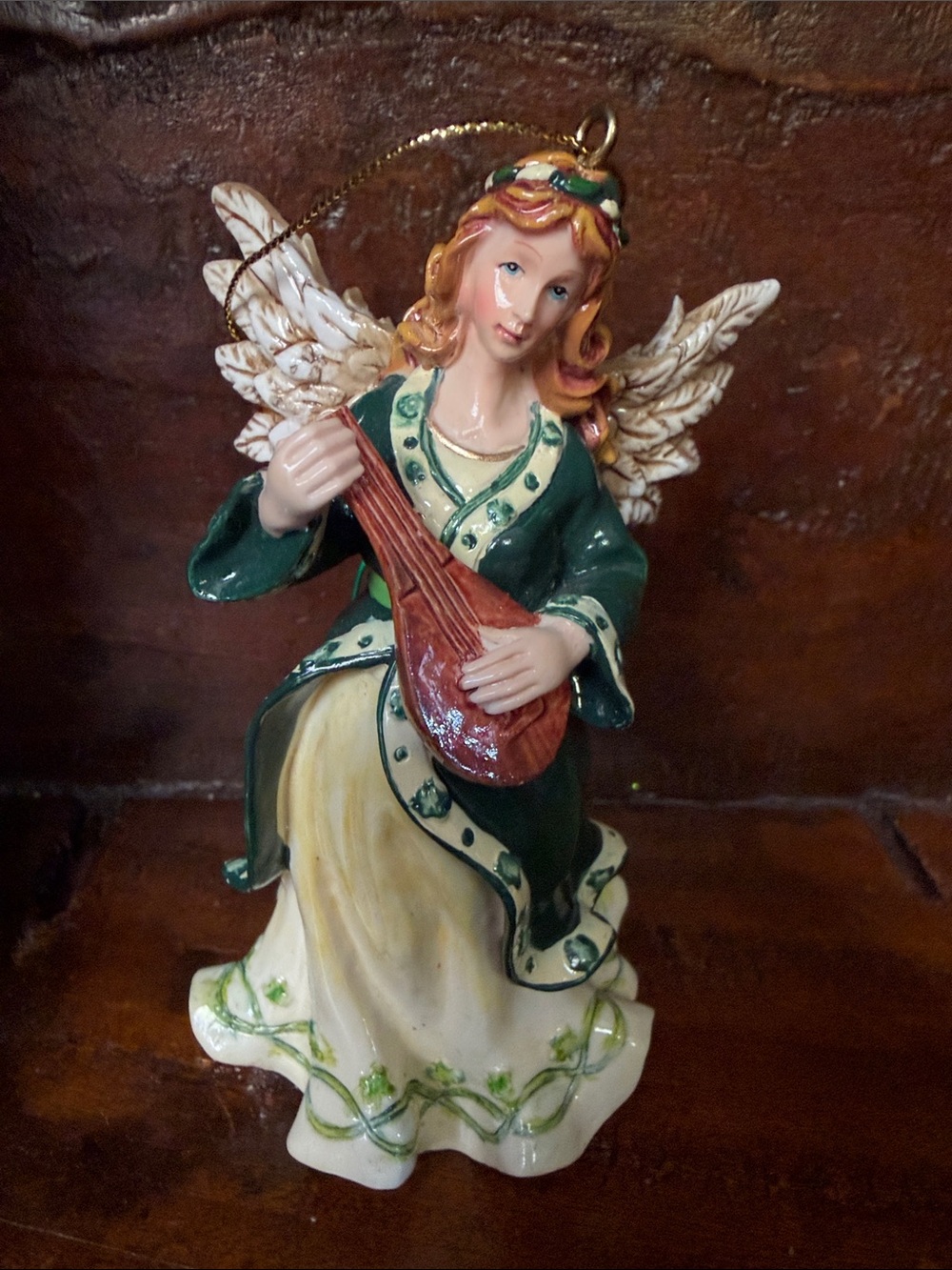 Vintage Green and Cream Angel Musician Ornament - Holiday Tree Hanging Figurine
